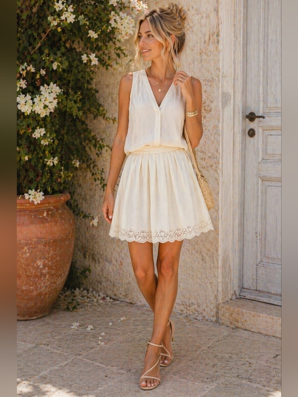 Marc Cain Creamy Off-White Eyelet Hem Skirt N3 6/8 Lined